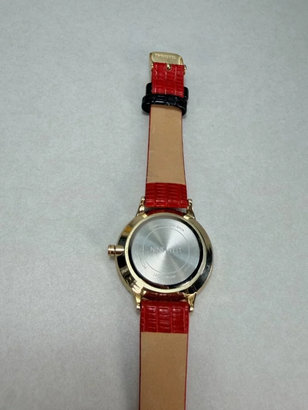 Nine West Zebra Dial Red Strap Watch Gold Tone Working